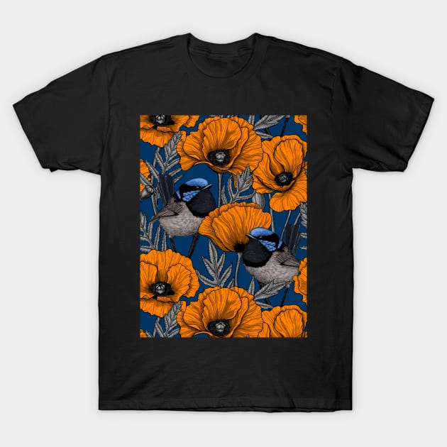 Fairy wrens and orange poppies T-Shirt by katerinamk